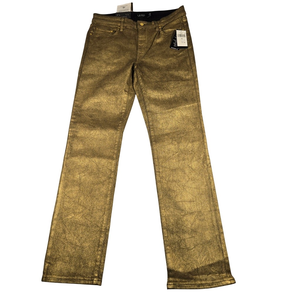 Lauren Ralph Lauren Gold Metallic Straight Leg Jeans Mid Rise Super Stretch 10